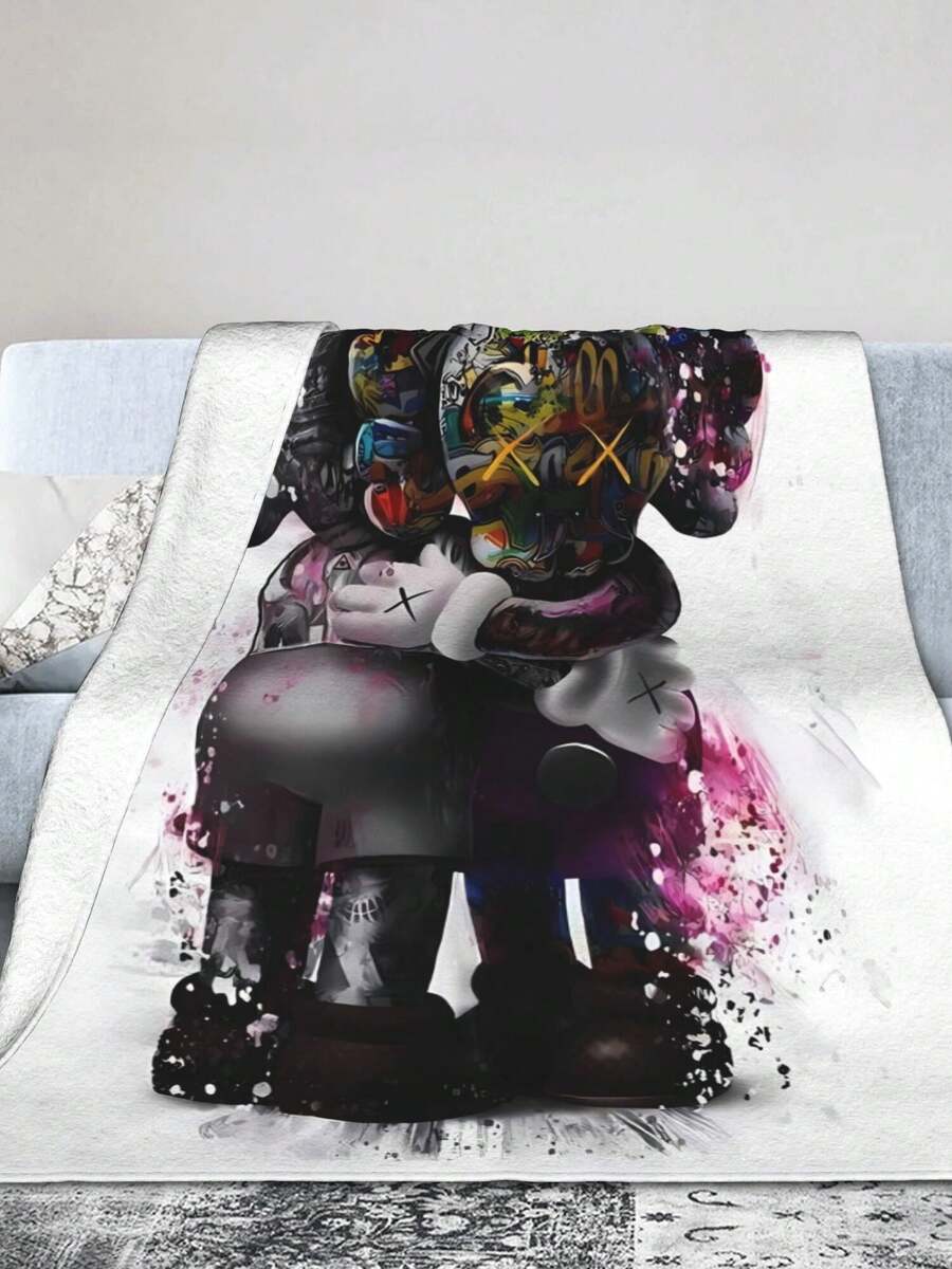 1pc Kawss Kawaii Kaw Anime Glam Style Flannel Blanket Super Soft Warm Bed Blanket Sofa Bedding Bedroom Sofa Office Car Four Seasons Cozy Shaggy Blanket Girls Boys Adult Gift - màu đen - Xem 1