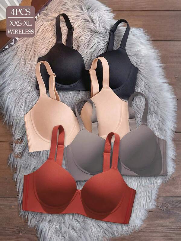 4pcs Set, Black, Skin Color, Gray, Red Seamless Wire-Free Lift Up & Push Up Bras, Comfortable Breathable Padded Bras With Wide Straps For Women