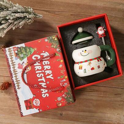 1 Set Holiday Ceramic Decor: Christmas Ceramic Mug With Lid & Spoon, Large Capacity Cartoon Santa Claus Themed Mug Gift - Suitable For Family, Friends, Colleagues, Students And Elders - Ceramic Material