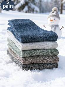 5 Pairs Thick Knit Socks, Unisex Autumn/Winter Warm Casual Mid-Calf Socks, Suitable For Home, Sports - Multicolor - View 3