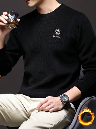 Men's Embroidered Crew Neck Sweater, Thermal Lined Thick Casual Knit Top For Winter