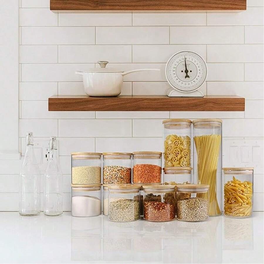 9 Glass Jars With Airtight Bamboo Lids, 16 Ounces 500 Ml Wide-Mouth Transparent Glass Food Storage Containers, Labeled Glass Kitchen Jars, Which Can Put Nuts, Coffee Beans, Seasonings, Biscuits. Christmas Gifts, Halloween Gifts - Bộ 9 món - Xem 1