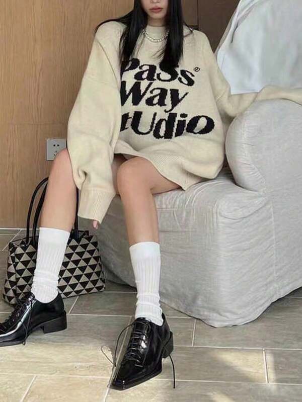 New Couple Loose Korean Style Letter Pattern Drop Shoulder Long Sleeve Pullover Sweater, Autumn/Winter