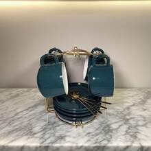 4 طقم أكواب قهوة خضراء زمردية سعة 7 أونصة مع أطباق وملاعق، تصميم بسيط، أكواب قهوة سيراميك أوروبية أنيقة، أكواب كابتشينو، أكواب بورسلين أسود مناسبة للشاي والإسبريسو واللاتيه والموكا - متعدد الألوان - مشاهدة 7