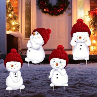 1/4个雪人庭院装饰牌，带插杆，适用于花园、草坪、入口处展示，塑料圣诞花园装饰品，户外圣诞节假日装饰品，节日新年装饰品 - 已安装，庭院户外圣诞装饰品