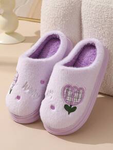 秋冬保暖女士拖鞋，厚防滑鞋底，毛绒包头，情侣室内家居拖鞋 - 紫色 - 查看 5