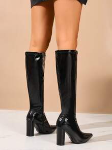 女式尖头漆皮细高跟过膝长靴，时尚侧拉链性感派对修身漆皮高筒靴 - 黑色 - 查看 6