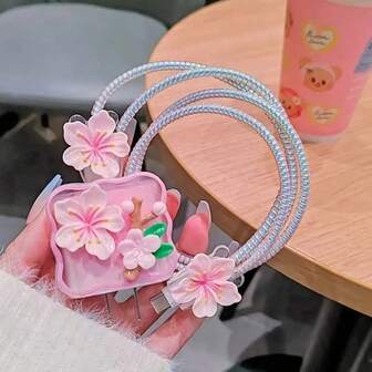 Set de 5 piezas Protector de carga 3D con flores rosas y organizador de cables anti-rotura, adecuado para iPhone, 18/20W, regalo ideal para la novia