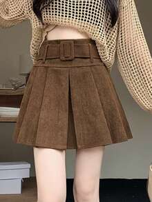 1pc Women Corduroy High Waist Pleated Mini Skirt, With Belt, Autumn/Winter