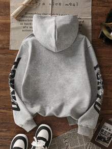 1 件带保暖衬里的赛车印花连帽运动衫，适合青少年男孩、年轻学生，秋冬长袖上衣 - 灰色 - 查看 3