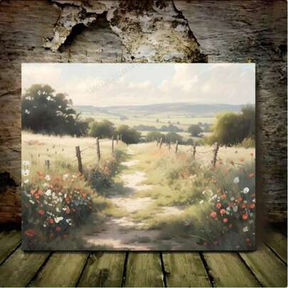 Quadro em tela vintage sem moldura com paisagem campestre de primavera, ideal para decoração de sala de estar. Pôster com atmosfera melancólica de campo rural.