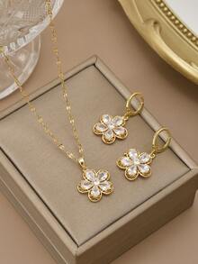 1pc Fashionable Cubic Zirconia 5-Petal Flower Stainless Steel Necklace, 1 Pair Fashionable Cubic Zirconia 5-Petal Flower Stainless Steel Earrings, Gold Necklace, Gold Earrings, Gift For Women, Suitable For Summer Daily Wear, Party, Women Accessories - Five-petal Flower Set - View 19