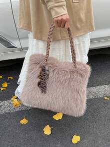 Fashionable Fluffy Casual Minimalist Chic One Shoulder Handbag For Women, Autumn 2025 - Coffee - View 5