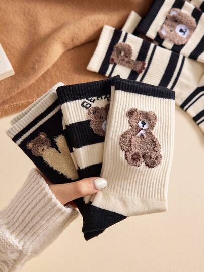 3/5 Pairs Women Cute Bear & Striped Pattern Feather Mesh Mid-Calf Socks, Non-Slip Comfortable Crew Socks, Suitable For Spring, Autumn And Winter, Random Colors