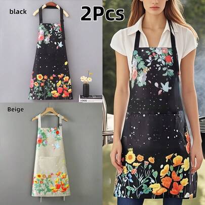 2pcs Butterfly & Flower Pattern Apron, Polyester Material Apron, Suitable For Various Workplaces, Coffee Shop Uniforms, Home Use, Christmas Gift