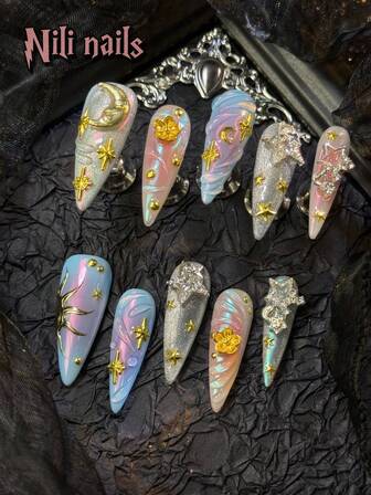 10pcs Elegant Romantic Style Handmade Reusable AcrylicPress On Nails Stiletto Nails Blue&Silver Cat Eye Nails 3D Metal Design Gold Chrome Star And Moon Jewelry&Handmade Sun With Star Pendant Full Cover Fake Nail SetGreat For Daily Use For Girl Women With 1pc Mini Nail File &1 Sheet Adhesive Tabs