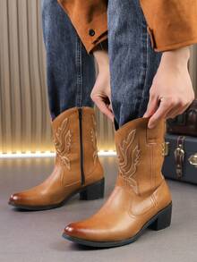 Botas vaqueras de media pantorrilla estilo retro americano occidental para hombres, botas de montar con tacón cuadrado estilizado y bordados