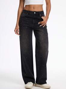 Wanduyini Shiny Gray Straight Leg Jeans For Women, Long Length, Suitable For Party Wear, With Buttons, Zipper, Pockets, Rhinestone Decor, Non-Stretch, Breathable - Black - View 6