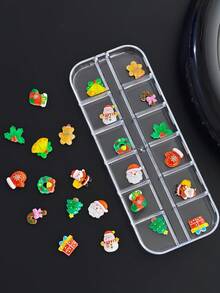 12 Grid Nail Art Resin Ornaments For Extra Long Nails, Christmas And Santa Claus Mixed Design Nail Art Flat Resin Decorations, DIY Nail Art Gems, Nail Art Supplies