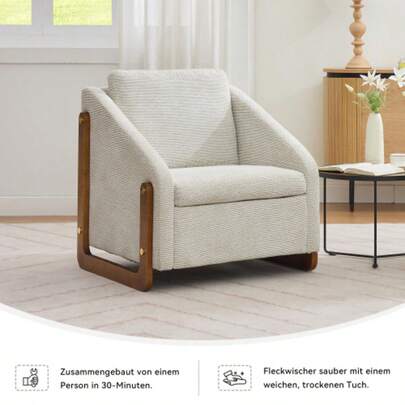 057 Armchair, Living Room Armchair, Lounge Armchair, Modern Wooden Armchair, Back Cushion, Beige Chenille, 73.5*73.5*73.5 Cm, Set Of 1