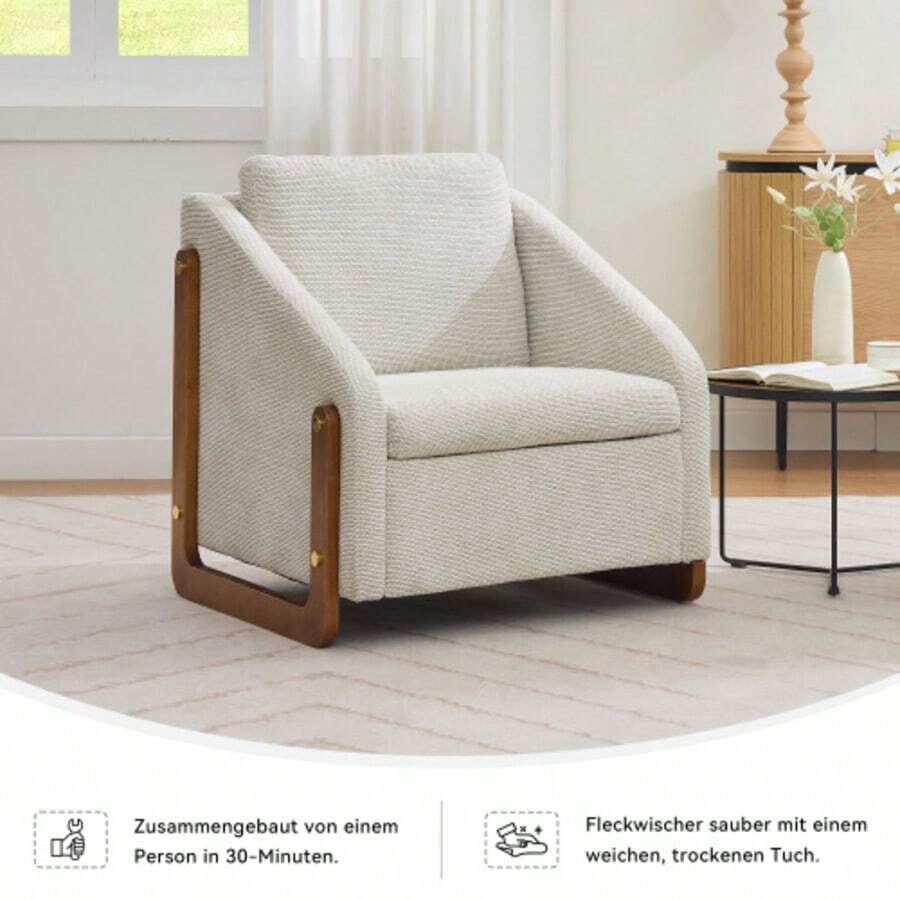 057 Armchair, Living Room Armchair, Lounge Armchair, Modern Wooden Armchair, Back Cushion, Beige Chenille, 73.5*73.5*73.5 Cm, Set Of 1 - Beige - View 1