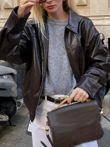 Damen einfarbige Reißverschluss Lässig vielseitige Langarm Jacke, braune Kunstleder Jacke mit melierter Textur, Gürtel am Saum, Bikerjacke im Vintage-Look, abgenutzt, Winterbekleidung für Damen, Damenjacken, Outfit für Thanksgiving, Wintermantel für Damen, Weihnachtskleidung für Damen, Winterjacke