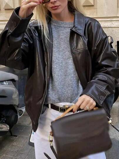 Damen einfarbige Reißverschluss Lässig vielseitige Langarm Jacke, braune Kunstleder Jacke mit melierter Textur, Gürtel am Saum, Bikerjacke im Vintage-Look, abgenutzt, Winterbekleidung für Damen, Damenjacken, Outfit für Thanksgiving, Wintermantel für Damen, Weihnachtskleidung für Damen, Winterjacke