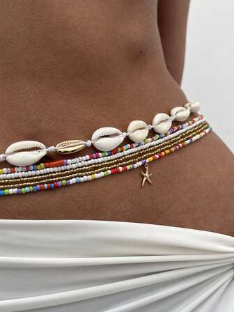 Set de 6 piezas Cadena de cintura con colgante de estrella de mar con perlas estilo bohemio, simple y de moda para fiesta, vacaciones, estilo callejero, festival de mujeres, citas de pareja, regalo de joyería versátil