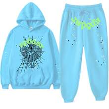 Spider Web 55555 Men's 2025 Graphic Letter Print Sweatshirt & Jogger Pants Set, Oversized Knit Sweater With Cuffed Hem, Casual Streetwear Tracksuit, Y2K Autumn Winter Loungewear - 18天藍色 - 查看 10