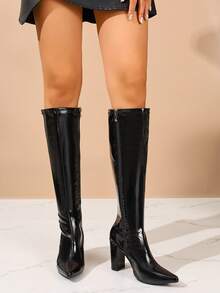 女式尖头漆皮细高跟过膝长靴，时尚侧拉链性感派对修身漆皮高筒靴 - 黑色 - 查看 3