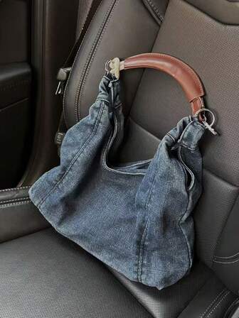 New High-End Denim Tote Bag, Vintage Distressed Shoulder Bag, Large Capacity Commuter Handbag For Women, Versatile Casual Tote, Simple Textured Denim Bag, Multi-Function Storage Bag, Workday Commute Bag, Washed Denim Material