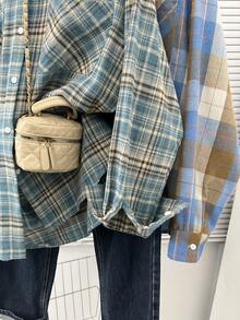 American Casual Plaid Pocket Front Button Down Brushed Shirt - Blue - View 9