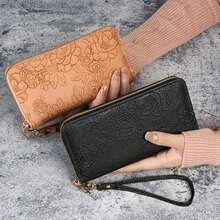Floral Embossed Faux Leather Wallet For Women - Large Capacity Zippered Clutch With Card Slots And Phone Pocket, Wrist Strap Clutch Coin Purse - For Women - Suitable For Everyday Use, Shopping, Dating - Perfect Gift For Her - 綠色 - 查看 2