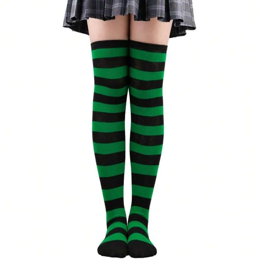 Long Striped Socks Over Knee Thigh High Stockings For Women Girls Cosplay Costumes Party Accessories - Xanh lá cây và đen - Xem 1