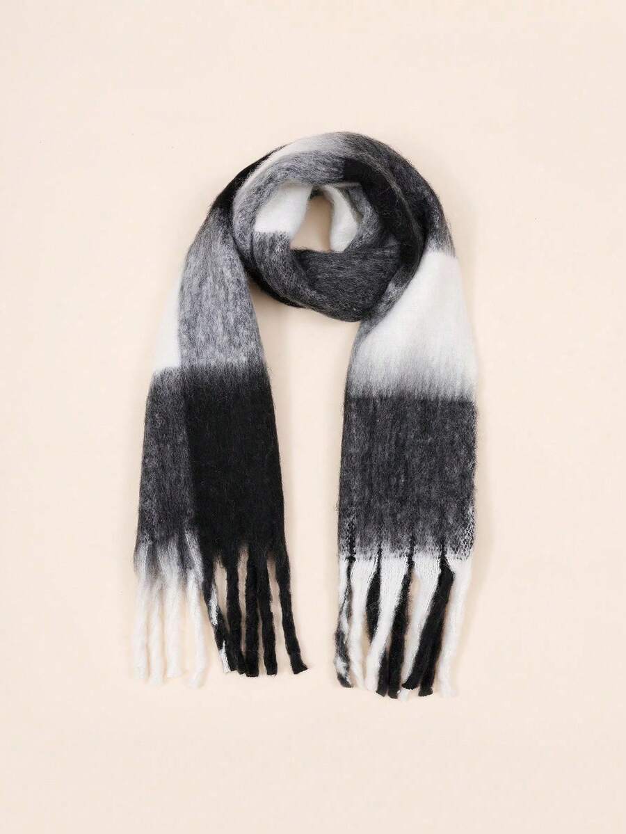 1pc Kids Thick Soft Warm Plaid Tassel Scarf, Boys Girls Cold-Proof Neck Warmer, Suitable For Daily Use - Black - View 1