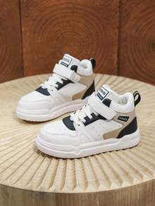Kids' Fashionable Color Block High-Top Sneakers, Letter Patch Design For Stylish Look, Soft Sole With Shock Absorption, Suitable For School And Casual Wear