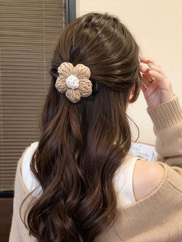 2pcs Large Knitted Flower Duck Clip, Suitable For Various Hairstyles, Applicable For School And Everyday Occasions Elegant Claw Clip Fashion Hair Clip Soft Hair Claw Winter Hair Accessories