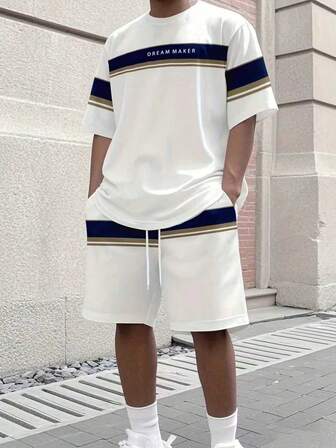 1 conjunto Ropa deportiva casual de verano para hombre, camiseta de cuello redondo y shorts de punto de poliéster, transpirable y elástico, ropa deportiva de unicolor para entrenamiento y ocio