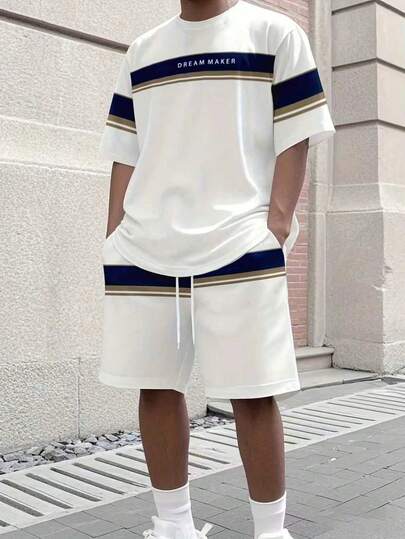 1set Men'S Summer Sports Casual Outfit, Polyester Knit Round Neck T-Shirt And Shorts Set, Breathable And Stretchy, Solid Color Athletic Wear For Training And Leisure