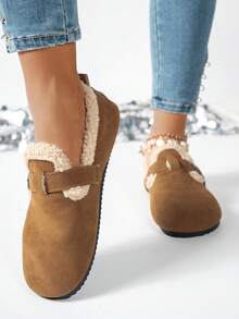 Giày lười đế bằng vải nhung mềm mại và thoải mái cho nữ, giày bệt mũi tròn, giày thường ngày nhẹ, thích hợp cho lễ Halloween, Ngày của Mẹ, phong cách mới ấm áp cho mùa thu/đông, giày lông - vải nâu - Xem 3