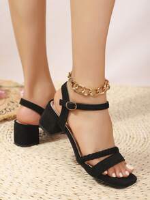 1 Pair Women's Fashionable Strap Chunky Heel Sandals, Solid Color Open Toe, Minimalist Chic, Suede Covered Heel, European And American Style - Woven Black - View 4