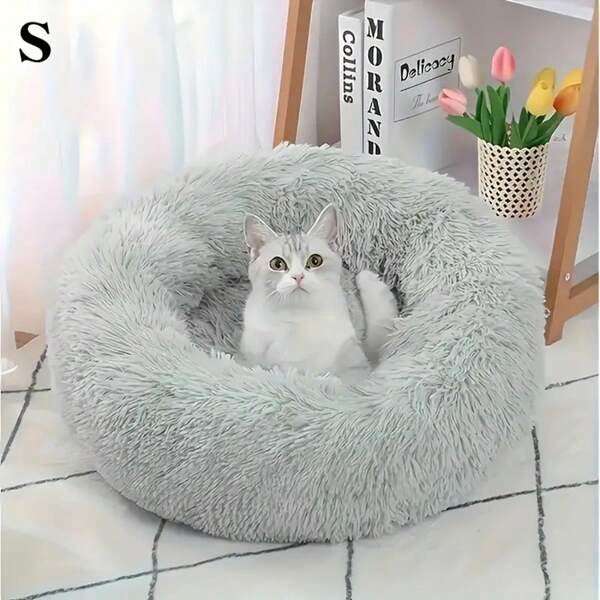 Cama redonda suave para gatos, forrada con tela esponjosa - Base antideslizante, cama para gatos de interior para todas las estaciones, cama duradera para mascotas, proporciona un sueño cómodo para gatos de interior, mueble clásico para mascotas, estructura resistente y duradera (3 opciones de color)