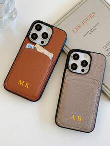 1pc Personalized Lychee Pattern Leather Phone Case, Monogram Credit Card Wallet Phone Case, Initials Cover Compatible With Apple 17 16 15 14 13 12 11 Pro XS Max X XR Plus, Great Birthday/Holiday Gift For Men & Women, Personalized Present - Black - View 2