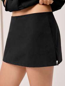 Women's Solid Color Low Waist Slit Sports Mini Skirt Black Spring - Black - View 8