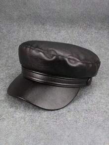 1 chiếc mũ nồi phong cách Anh đơn giản thời trang dành cho nữ, mũ bát giác bằng da PU cổ điển - màu đen - Xem 3