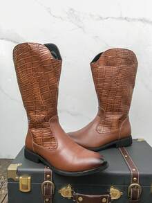 Botas Masculinas de Cano Alto, Botas Retrô Britânicas Xadrez Estilo Ocidental, Botas Masculinas para Uso Externo - Castanho - Visão 1