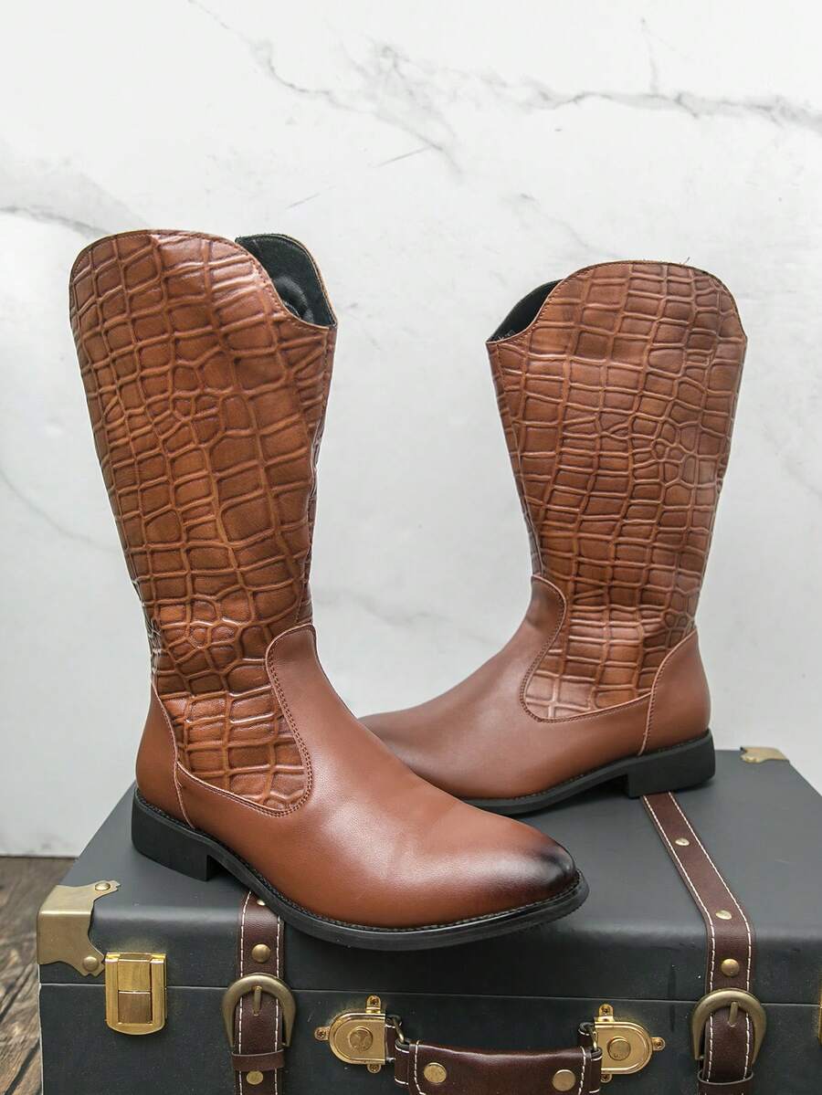 Botas Masculinas de Cano Alto, Botas Retrô Britânicas Xadrez Estilo Ocidental, Botas Masculinas para Uso Externo - Castanho - Visão 1