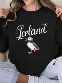 Sudadera con cuello redondo con estampado gráfico de frailecillo islandés, jersey casual de poliéster con estampado geométrico, para mujer, temporada otoño/invierno - Negro - Ver 1