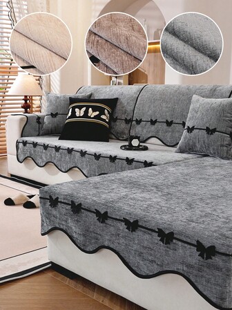 1pc Wavy Hem Solid Color Chenille Sofa Cover,Bowknott Decor Sofa Cushion, Minimalist Modern Style, Suitable For Bedroom, Living Room, Office Home Decor, Fits Single, Loveseat, 3-Seater, 4-Seater And Sectional Sofas