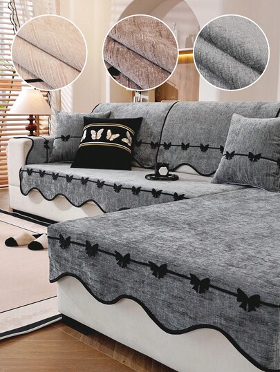 1pc Wavy Hem Solid Color Chenille Sofa Cover,Bowknott Decor Sofa Cushion, Minimalist Modern Style, Suitable For Bedroom, Living Room, Office Home Decor, Fits Single, Loveseat, 3-Seater, 4-Seater And Sectional Sofas
